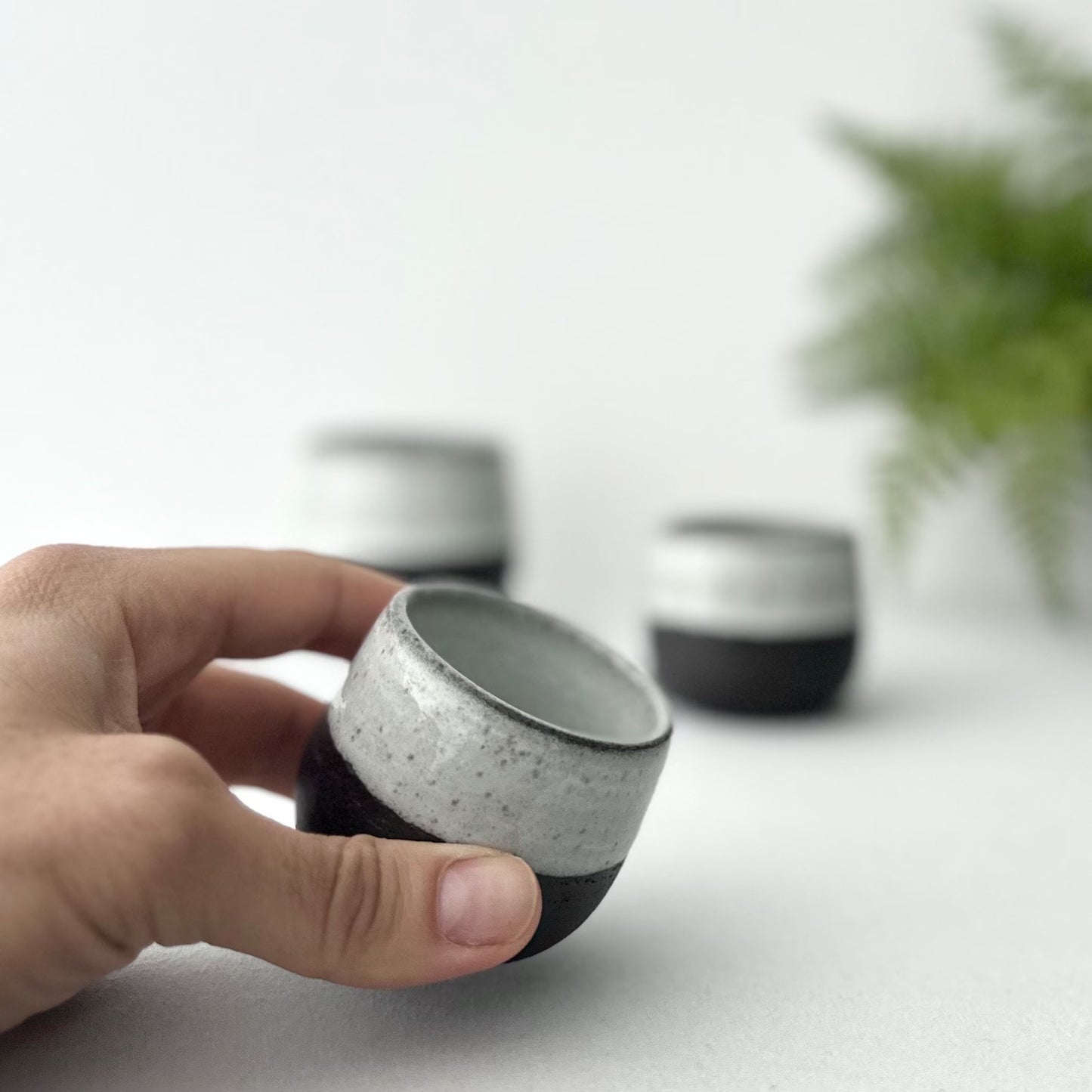 Handmade Black Cup, Handcrafted White Black Coffee Mug, Double Espresso Coffee Shot Cup, Handleless Ceramic Cup, Black Ceramic Tea Cup