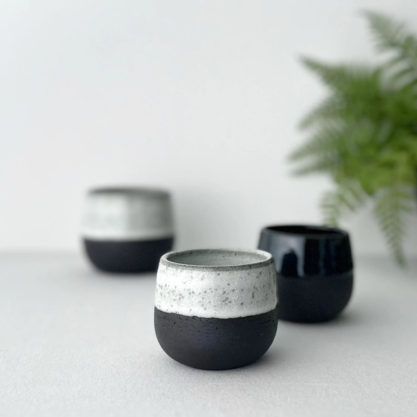 Handmade Black Cup, Handcrafted White Black Coffee Mug, Double Espresso Coffee Shot Cup, Handleless Ceramic Cup, Black Ceramic Tea Cup