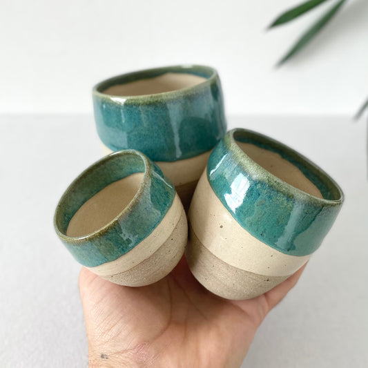 Handmade Green Ceramic Cup, Handcrafted Cream Coffee Cup, Double Espresso Coffee Cup, Unique Ceramic Coffee Mug, Minimalist Coffee Cup