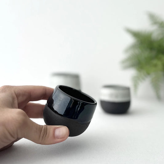 Handmade Black Cup, Handcrafted White Black Coffee Mug, Double Espresso Coffee Shot Cup, Handleless Ceramic Cup, Black Ceramic Tea Cup