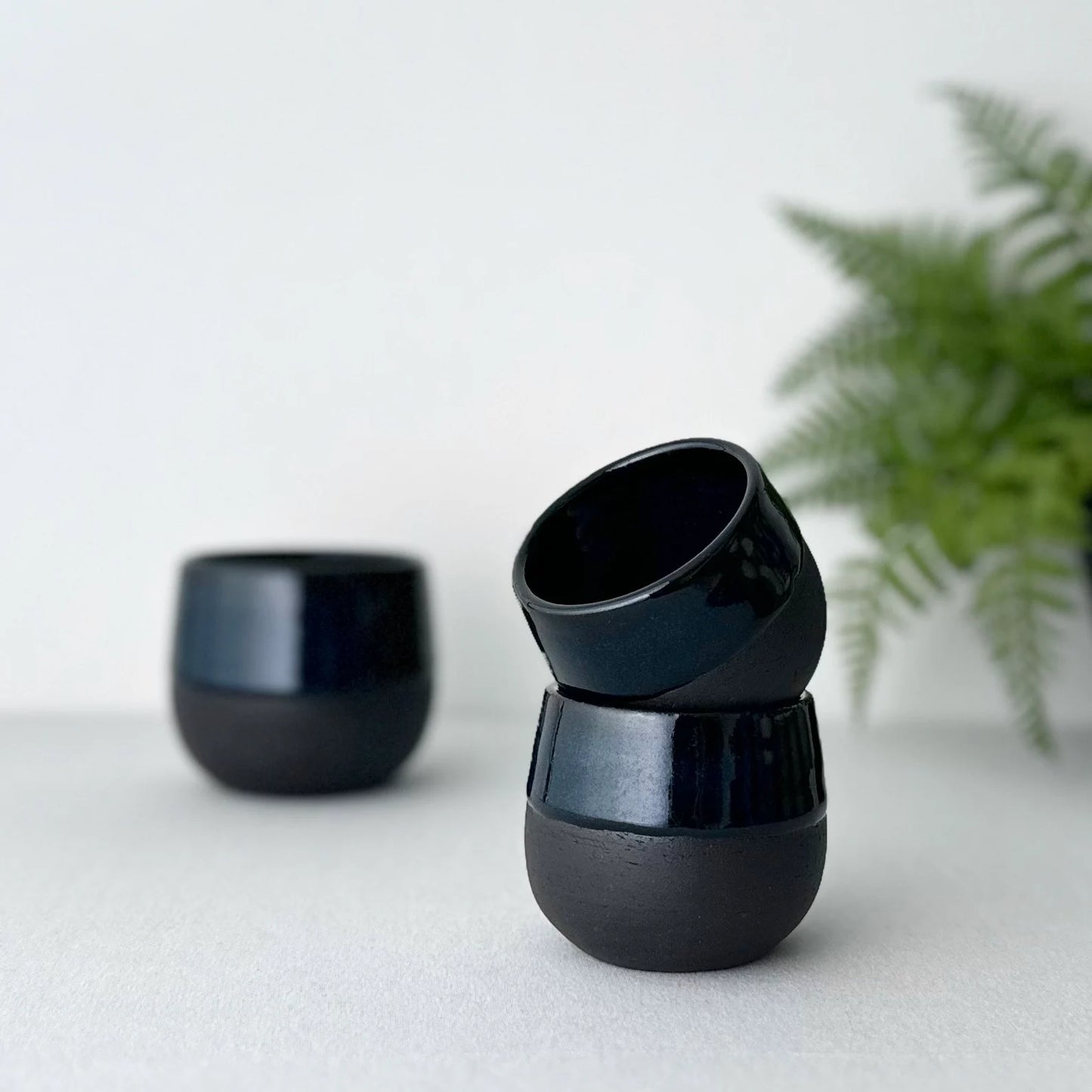 Handmade Black Coffee Cup, Handcrafted White Coffee Mug, Double Espresso Coffee Shot Cup, Handleless Ceramic Cup, Black Ceramic Tea Cup