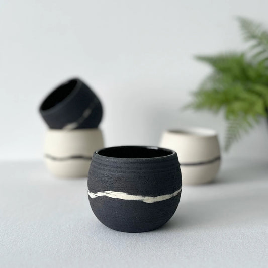 Black Ceramic Stripped Coffee Cup, Handcrafted White Coffee Mug, Double Espresso Coffee Cup, Matt Black Mug, 2oz, 3oz, 6oz, 8oz, 10